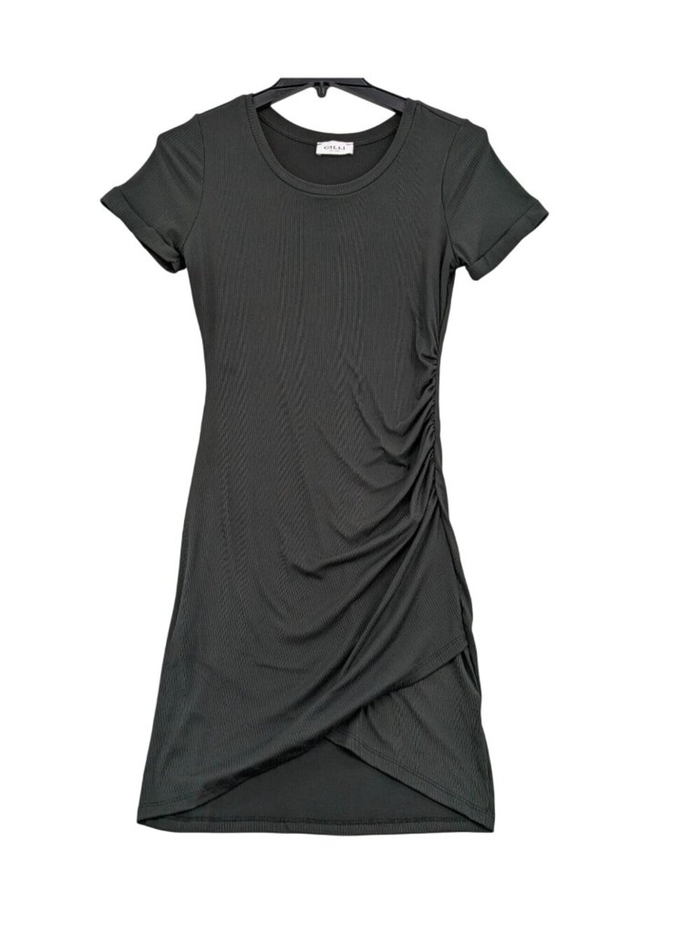 Ribbed Ruched Mini Dress Asymmetrical Wrap Bodycon Minimalist USA Casual Small